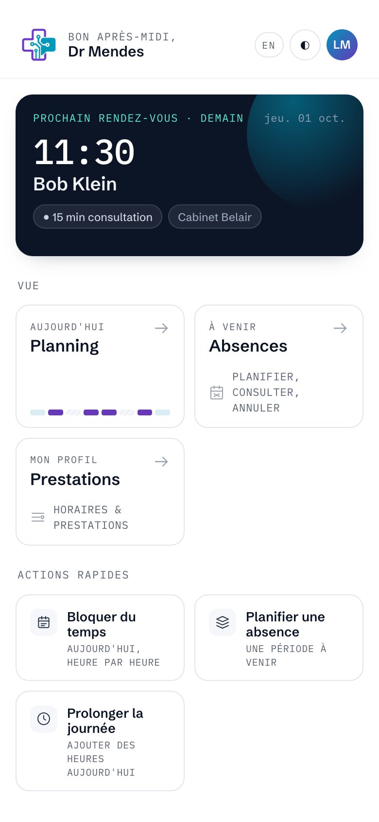 Écran d'accueil de l'application médecin DigiDoc : prochain rendez-vous et raccourcis